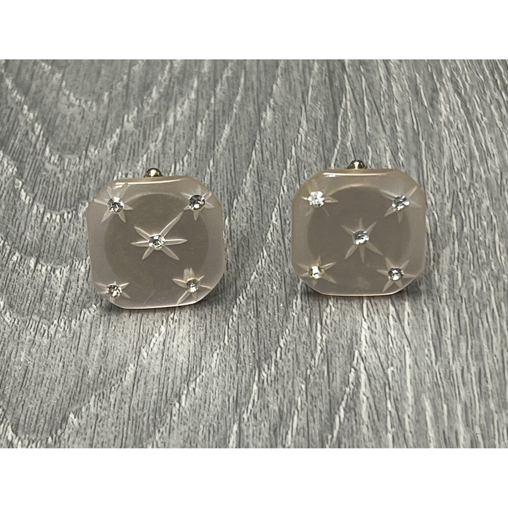 Vintage Men's Pink Frosted‎ Lucite Rhinestone Starburst Cufflinks Gold Tone